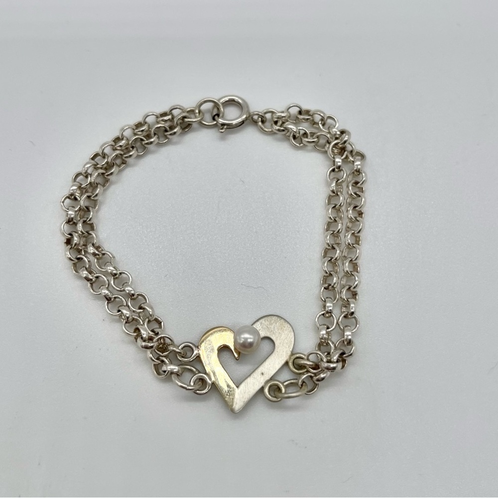 Double Chain 925 Sterling Silver w/  2 Tone Gold Silver Heart & real Pearl